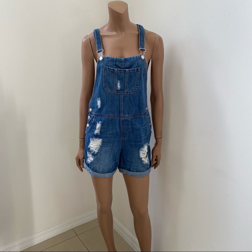 Mango Medium Wash Blue Denim Distressed Overalls M - Picture 3 of 10